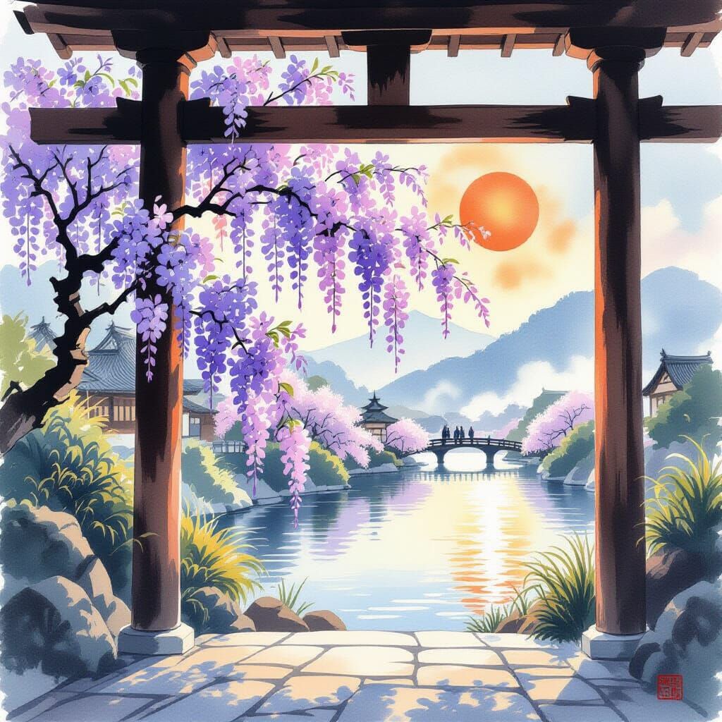 Yamato-e Style Wisteria Blossoms Under Spring Sun