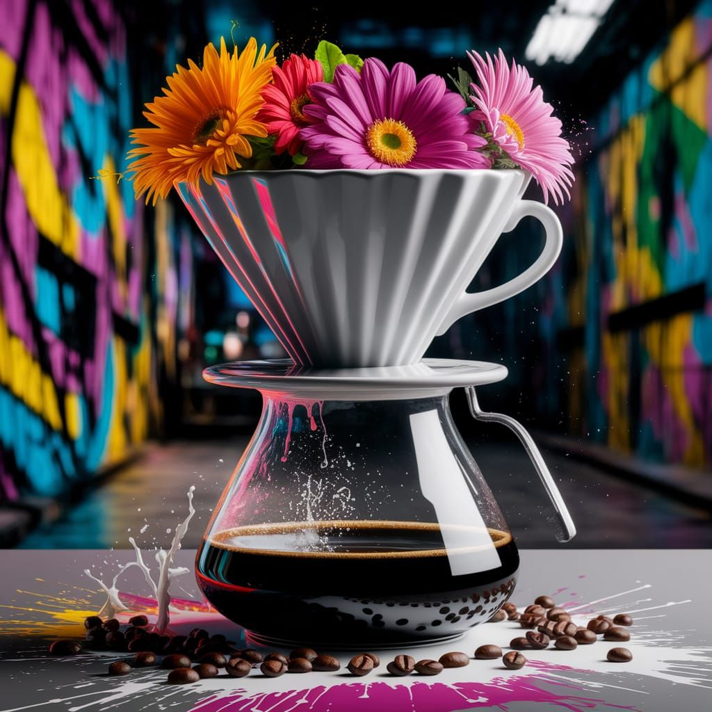 Graffiti Art Coffee Dripper with Flowers and Spilled Milk