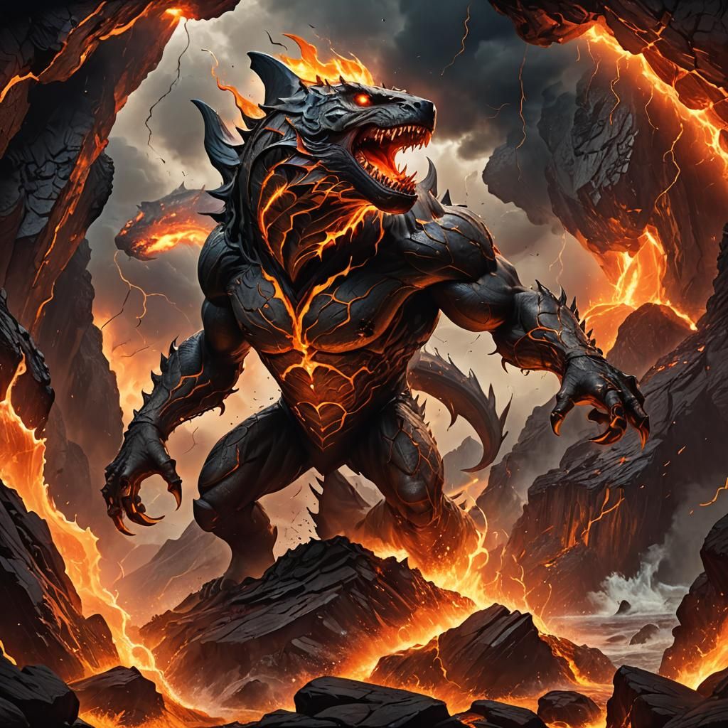 Stormfire Simian Shark in Volcanic Landscape