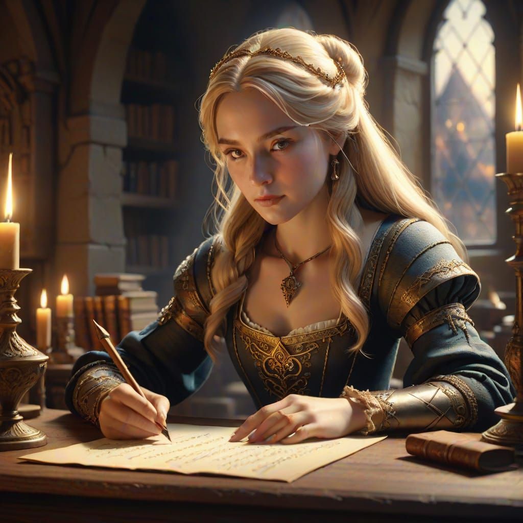 Medieval Maiden Writing in Radiant Light