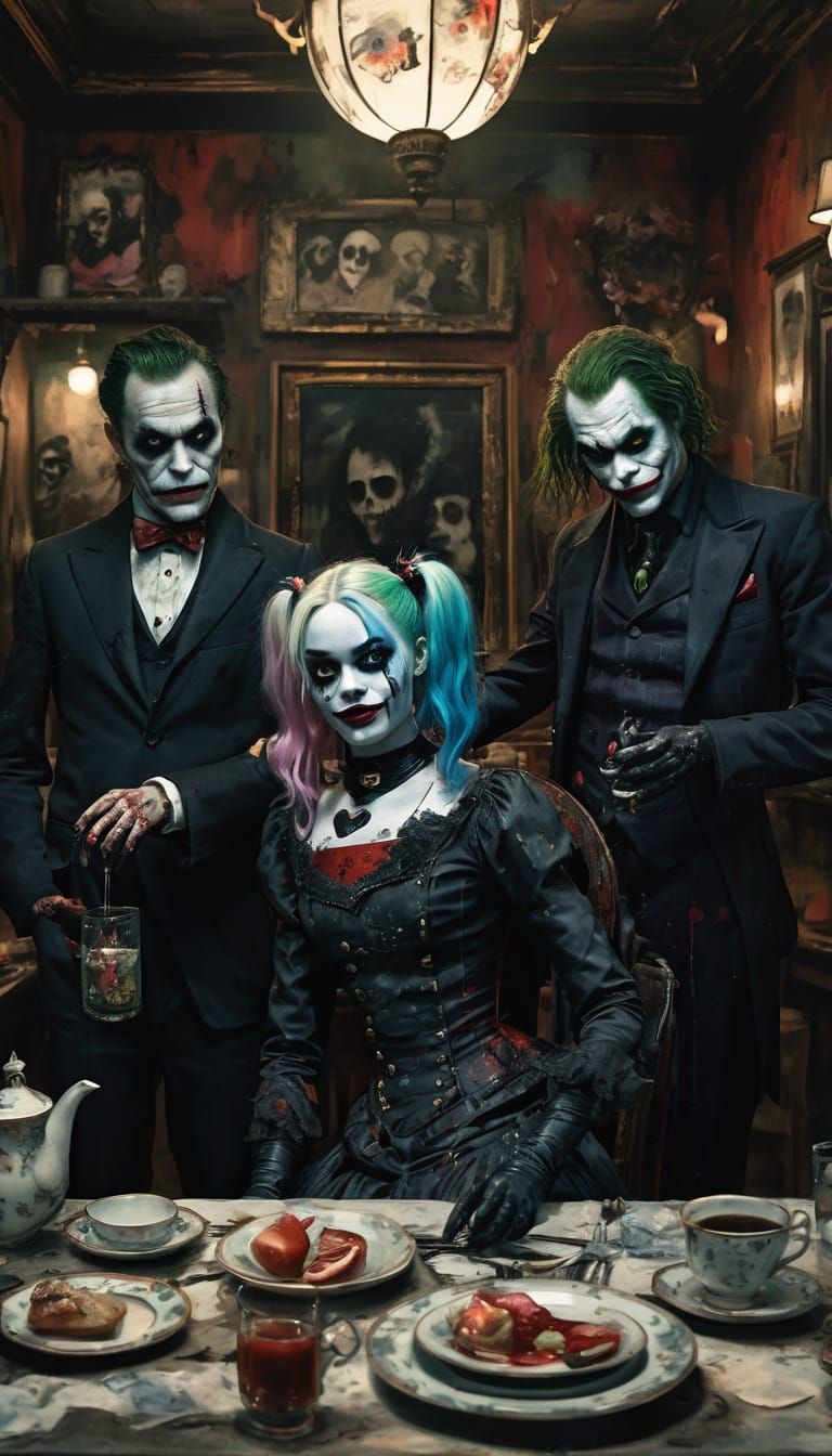 Harley Quinn and Joker Tea Party as Dark Oil Painting