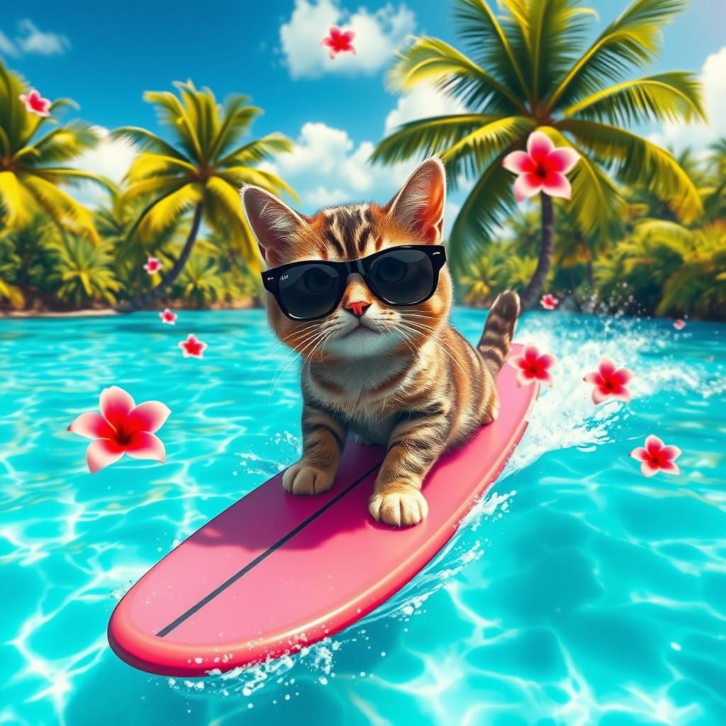 Fantastical Feline Surfer in Tropical Paradise