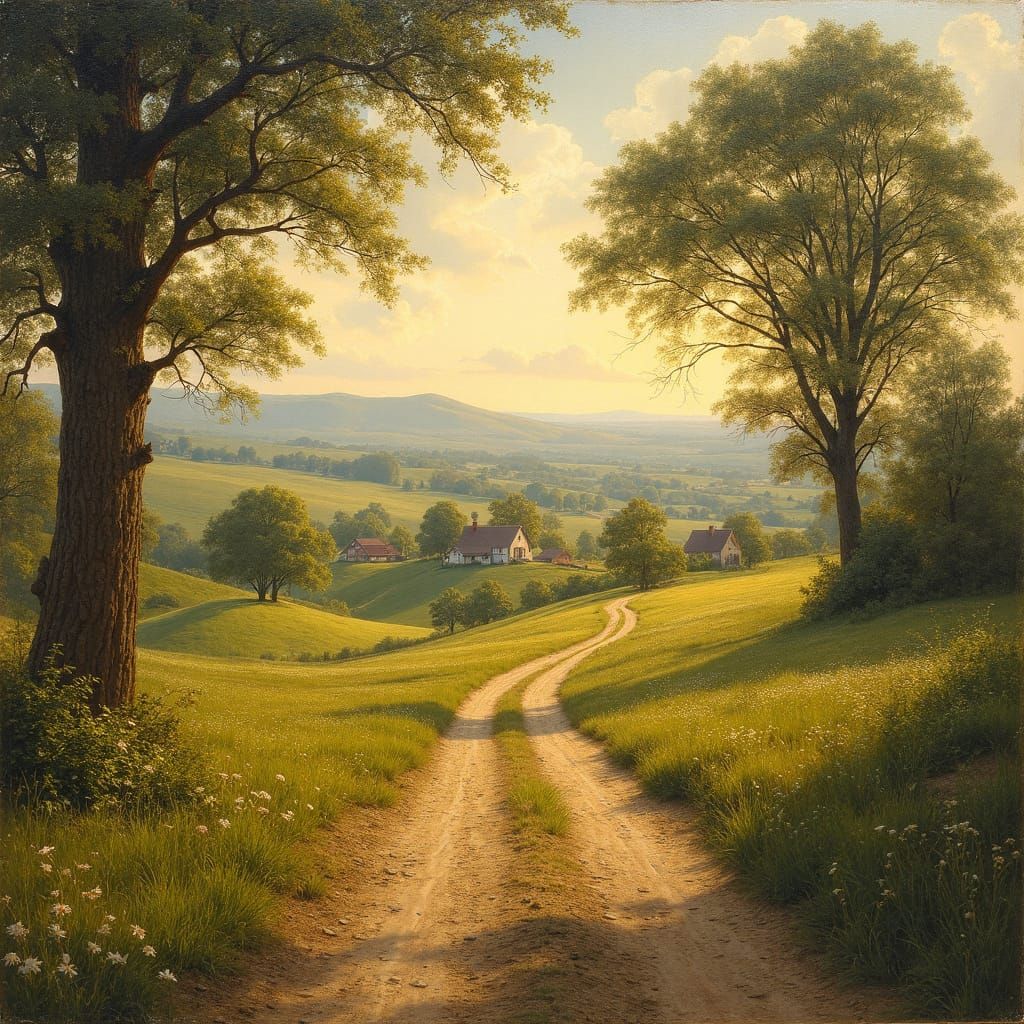 Idyllic Rural Landscape Painting at Golden Hour