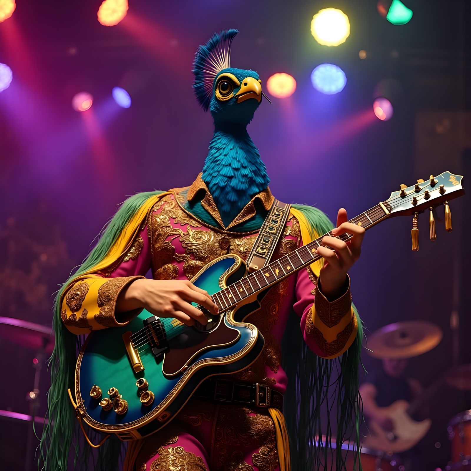 Psychedelic Peacock Rockstar in 1960s Music Venue