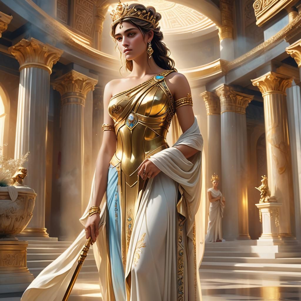 Elegant Greek Goddess in Grand Temple, Digital Painting