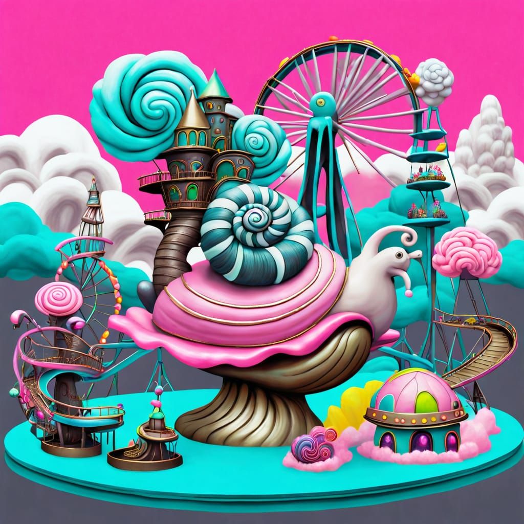 Miniature Amusement Park on Giant Snail: Neon Artwork