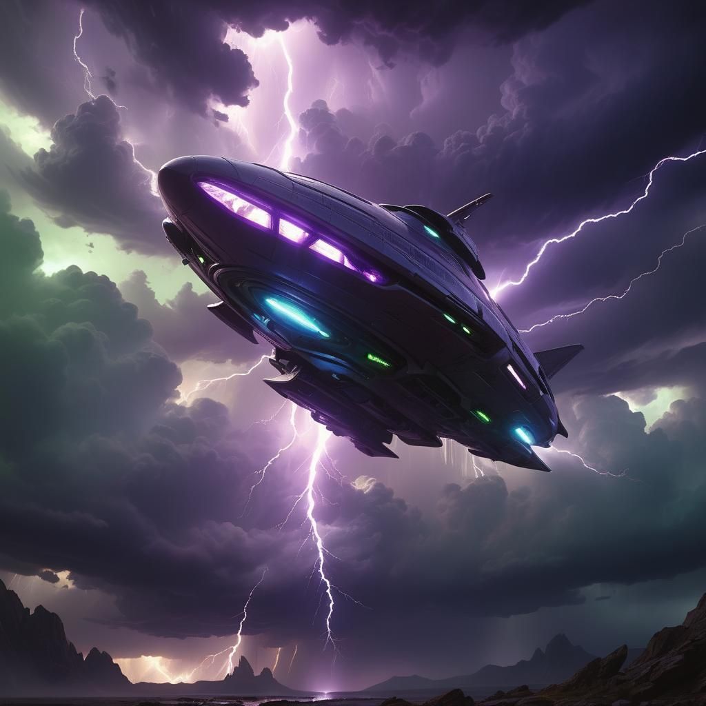 Alien Spaceship Soaring Through Lightning Storm