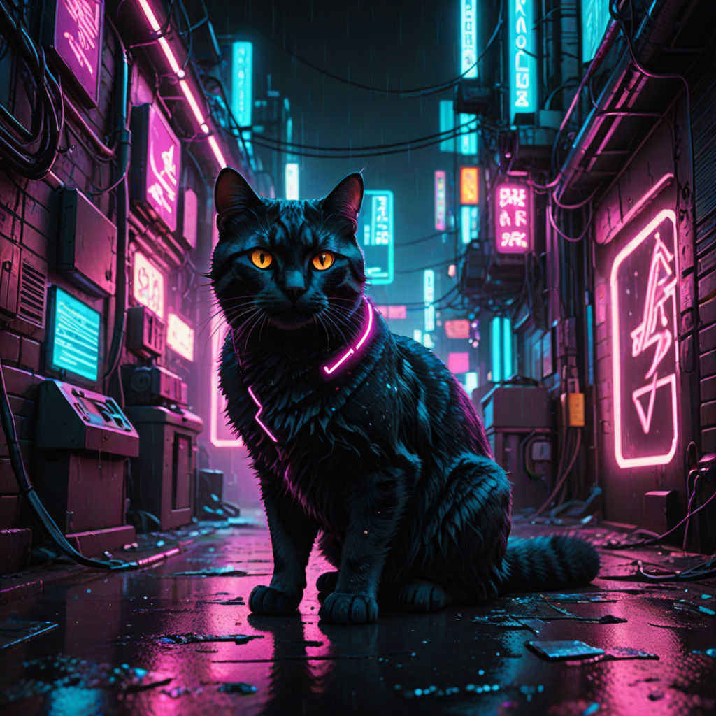 Cyberpunk Cat in Neon Alleyway
