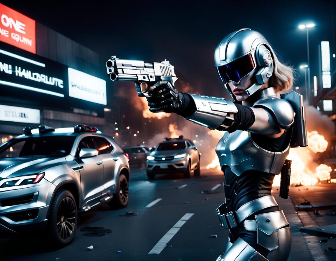 Female RoboCop in Cyberpunk Cityscape