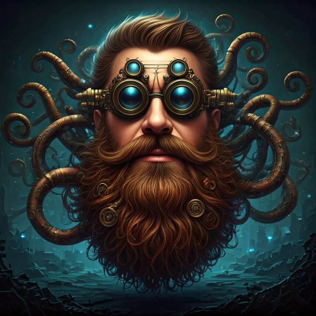 Intricate Steampunk Beard Consumes Cityscape