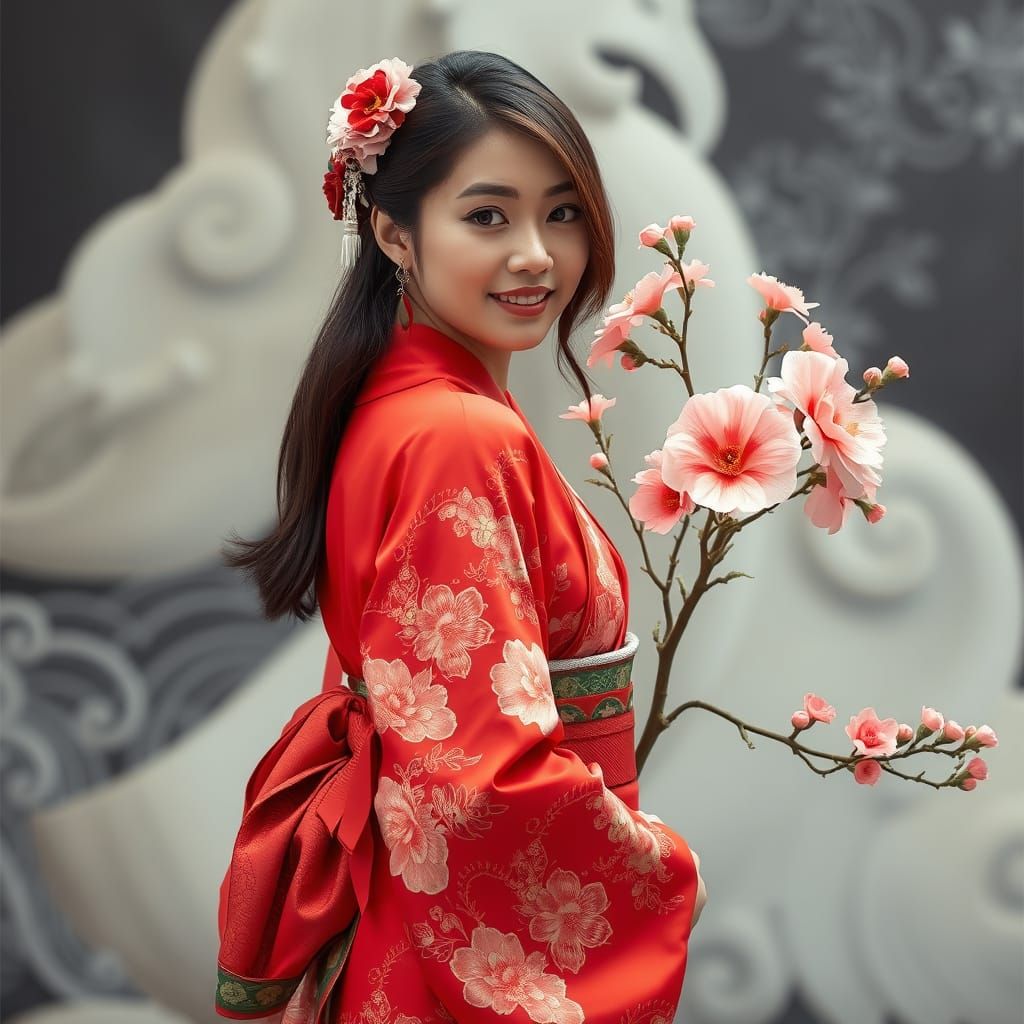 Asian Woman in Red Kimono Surrounded by Cherry Blossoms and ...