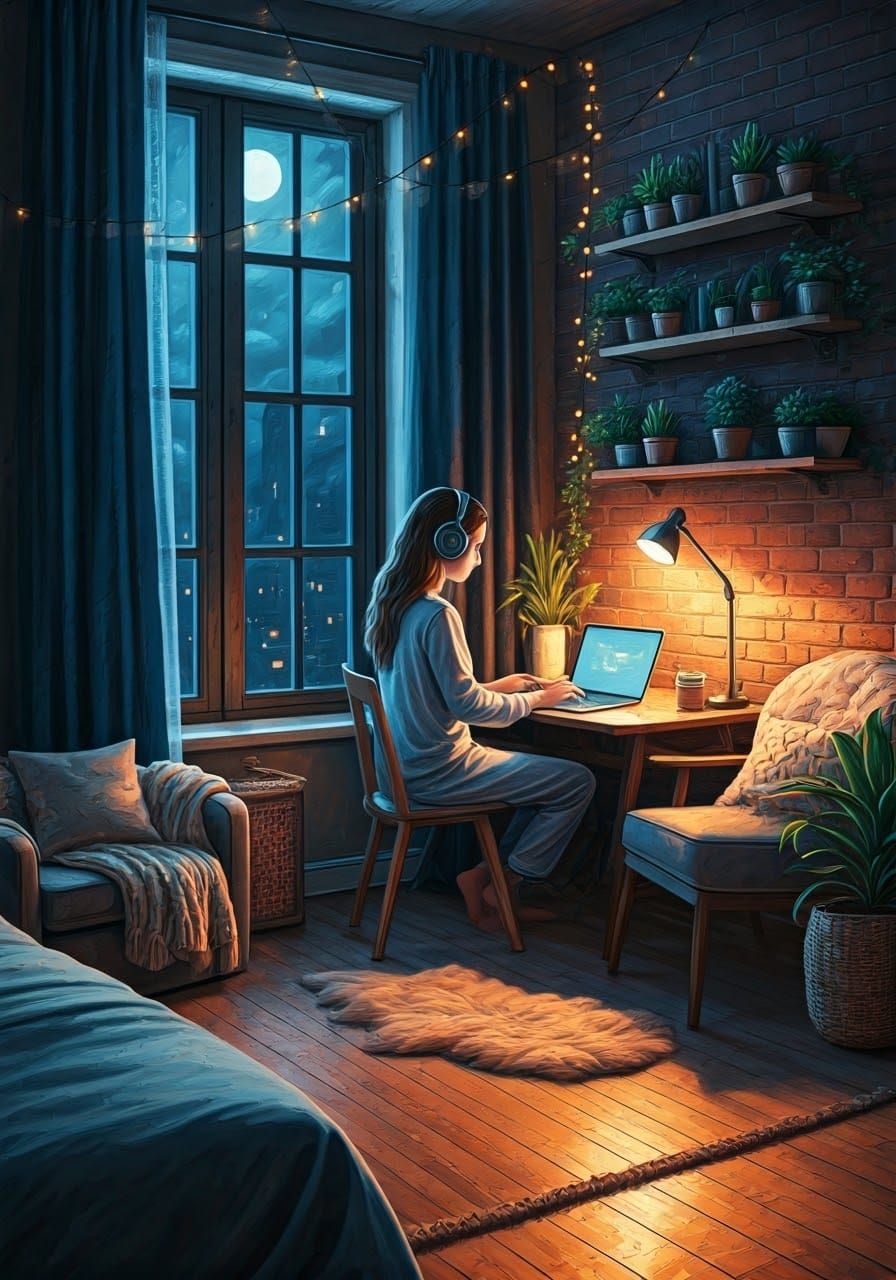 Cozy Loft Bedroom at Night in Neo-Impressionist Style