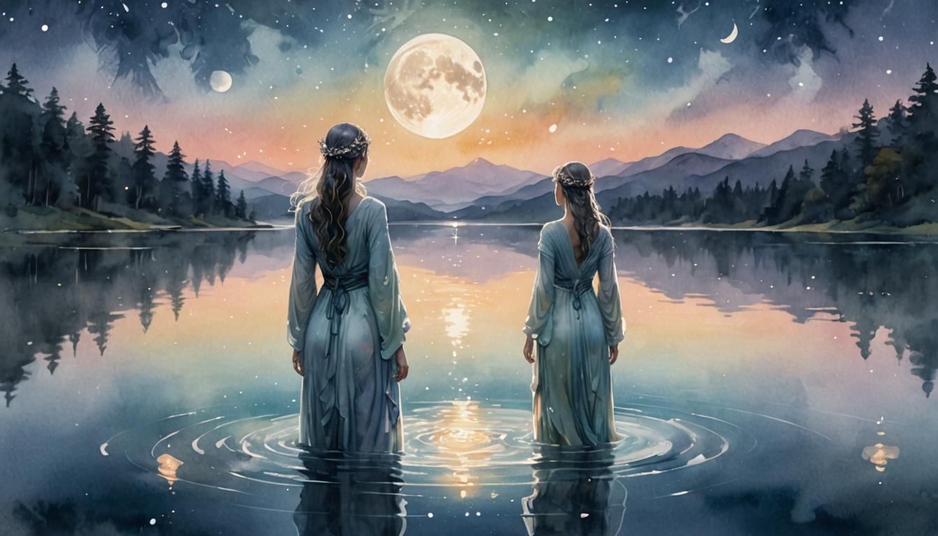 Moon Goddess at Celestial Lake in Watercolor Style