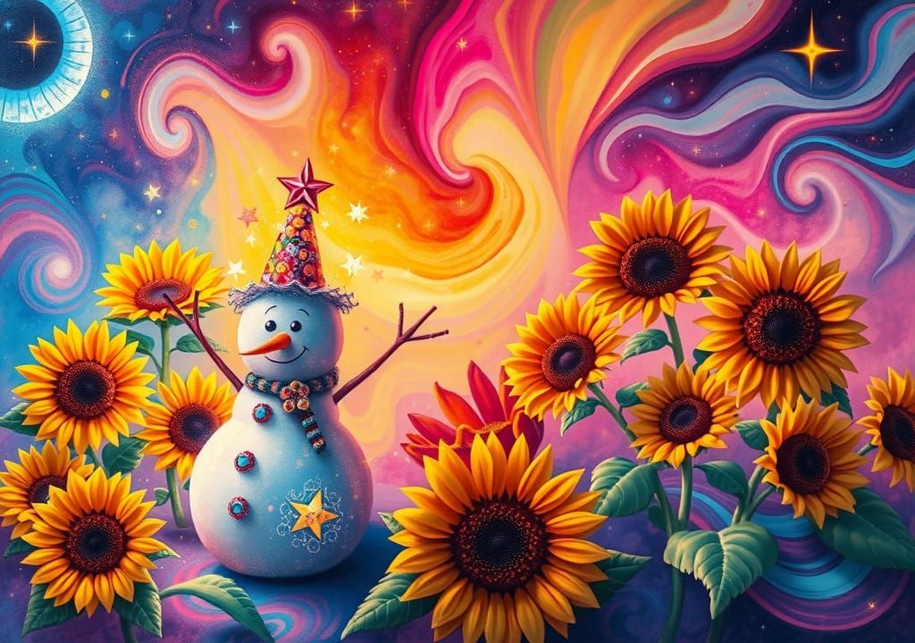 Surreal Melting Snowman in a Vibrant Candyland Dreamscape