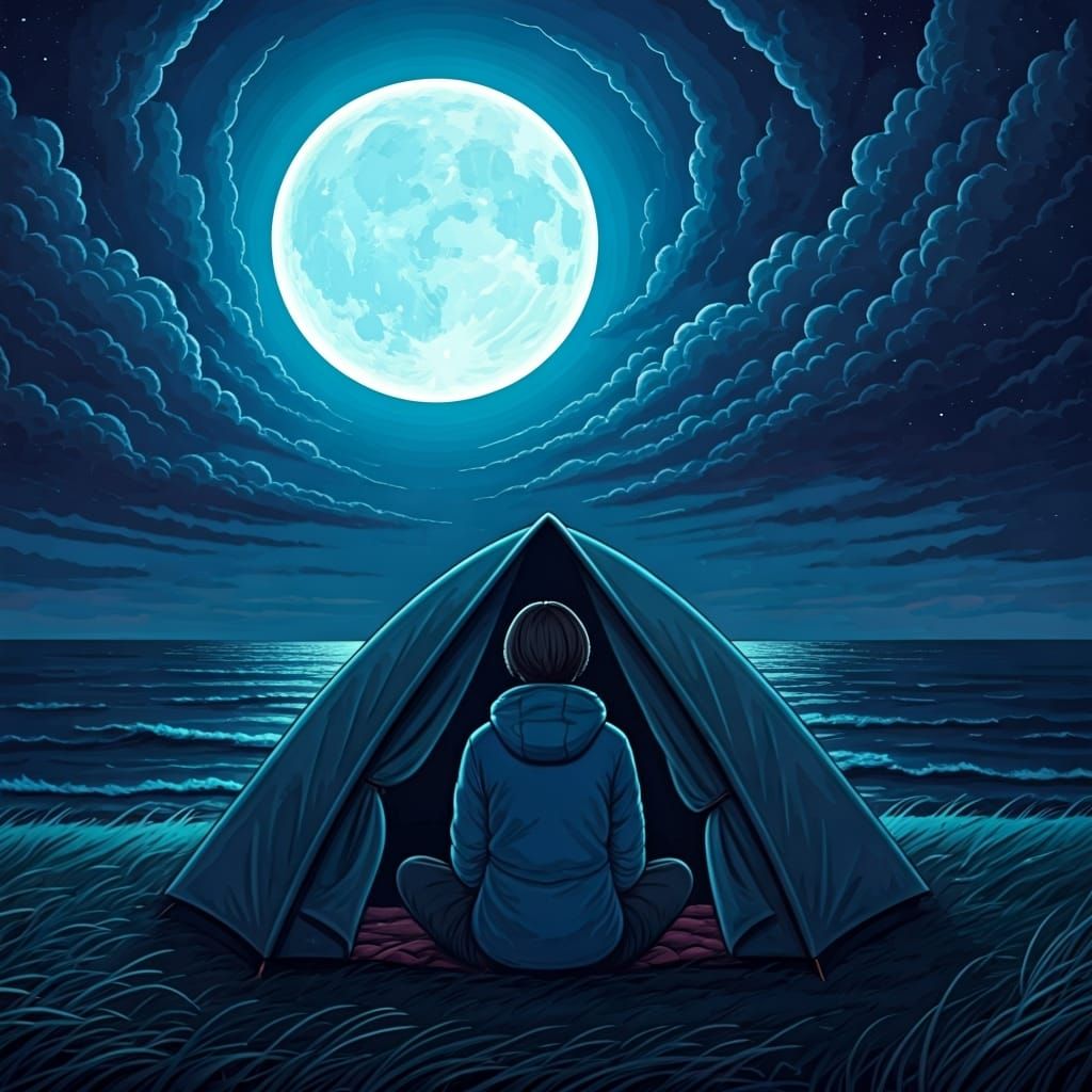 Moonlit Seascape with Girl in Tent, Realistic Style