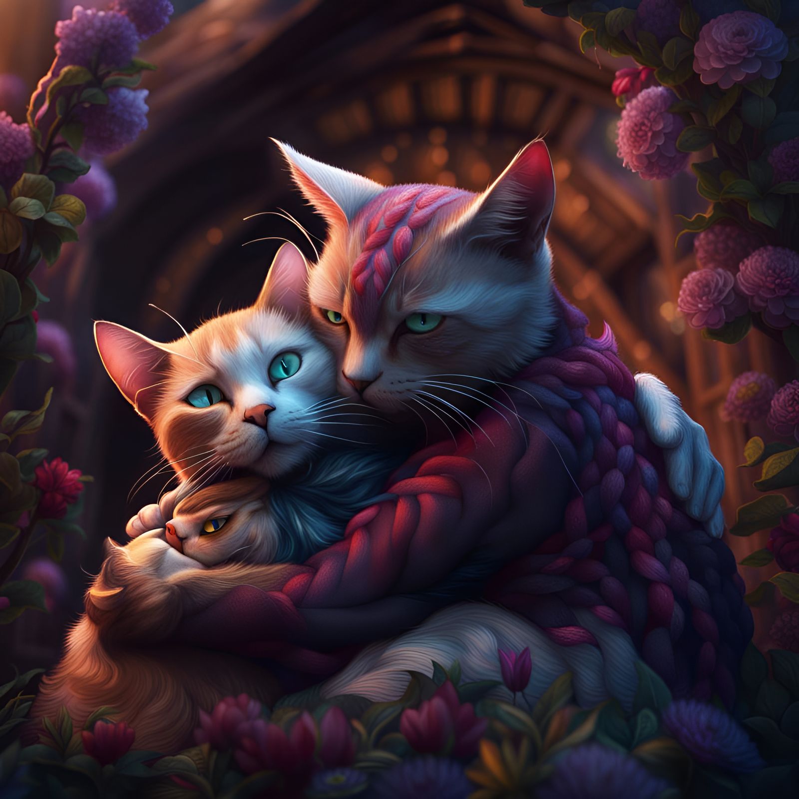 Loving Cats Hugging: Detailed Fantasy Concept Art