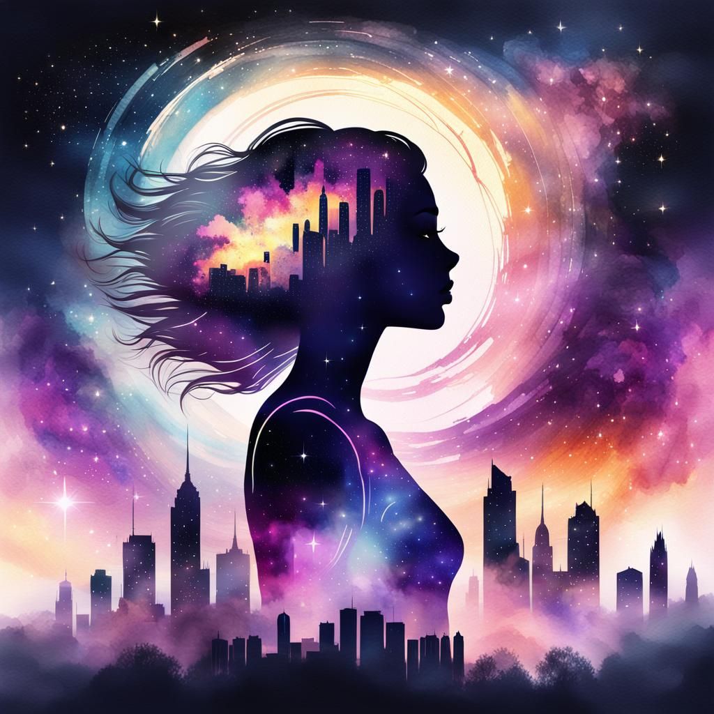 Cosmic Silhouette: Cityscape Meets Starry Sky in Watercolor