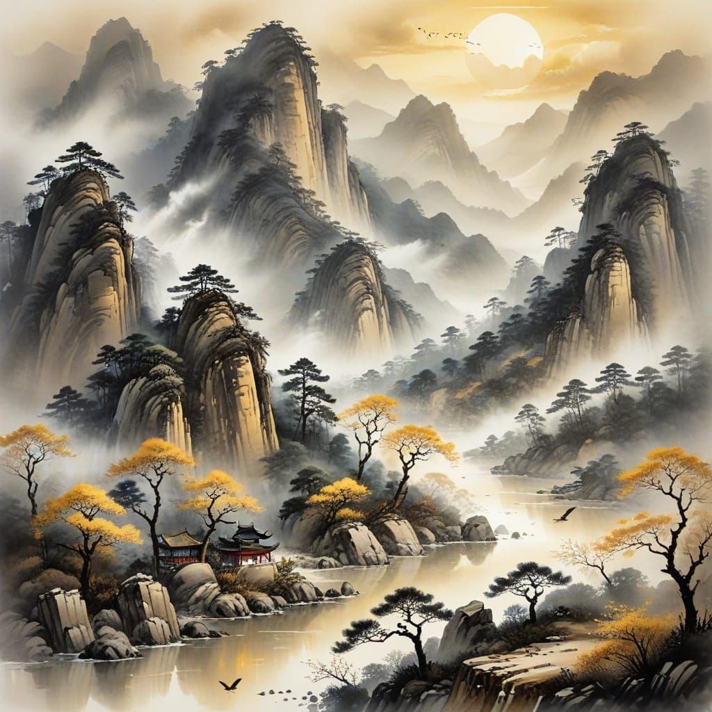 Traditional Chinese Landscape Painting in Ink Wash Style