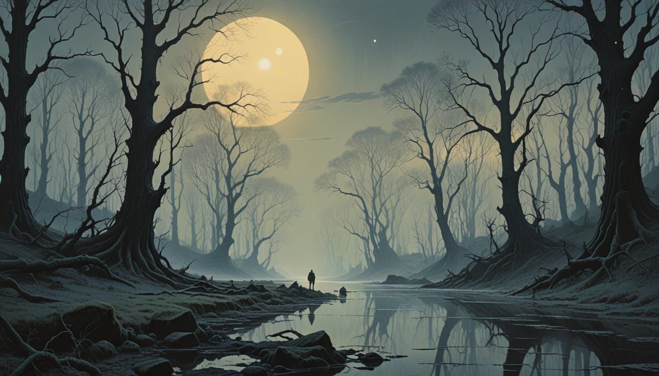 Serene Monochromatic Alien World with Glowing Trees and Mist...