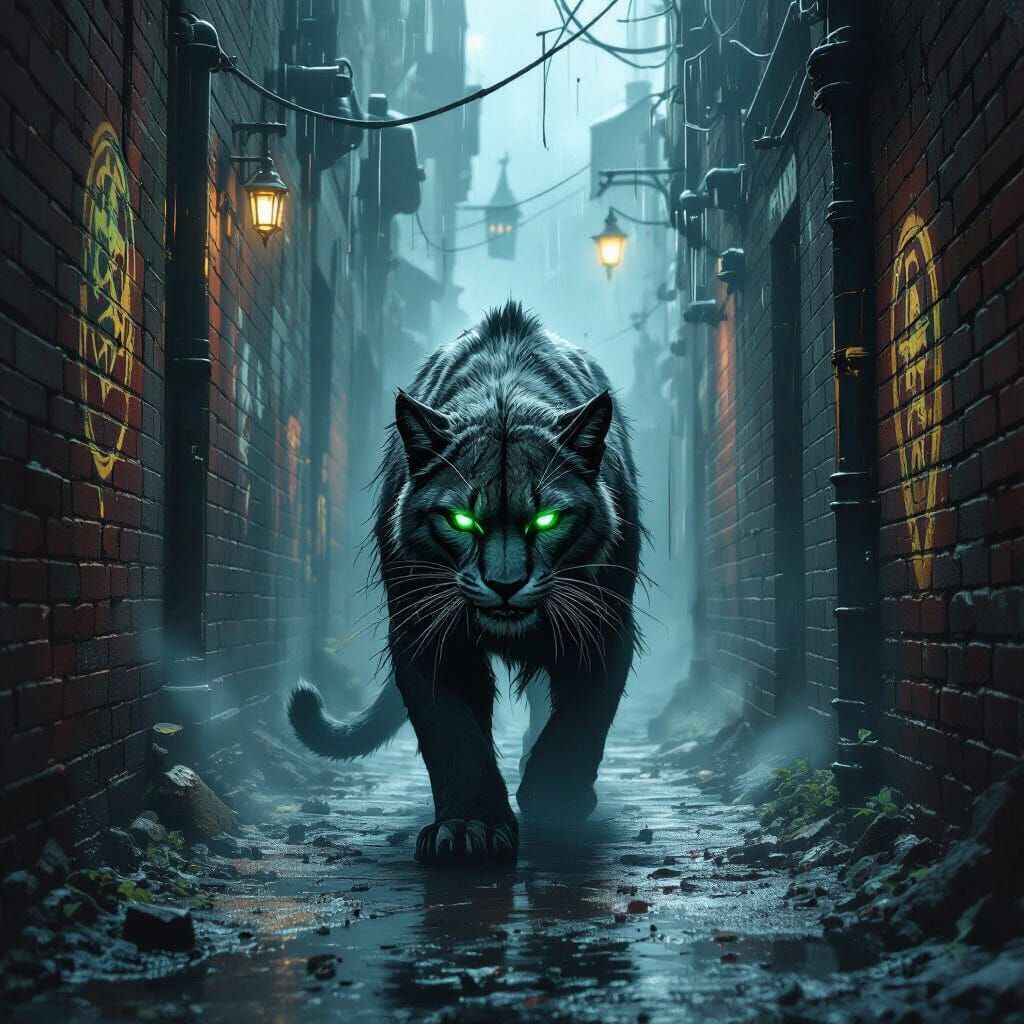 Grizzled Mountain Lion in Dark Fantasy Alleyway