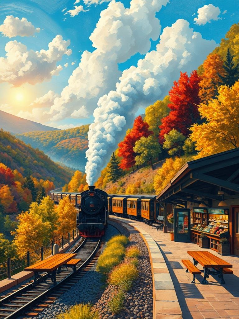 Steam Train Through Valley, Neo-Impressionist Painting