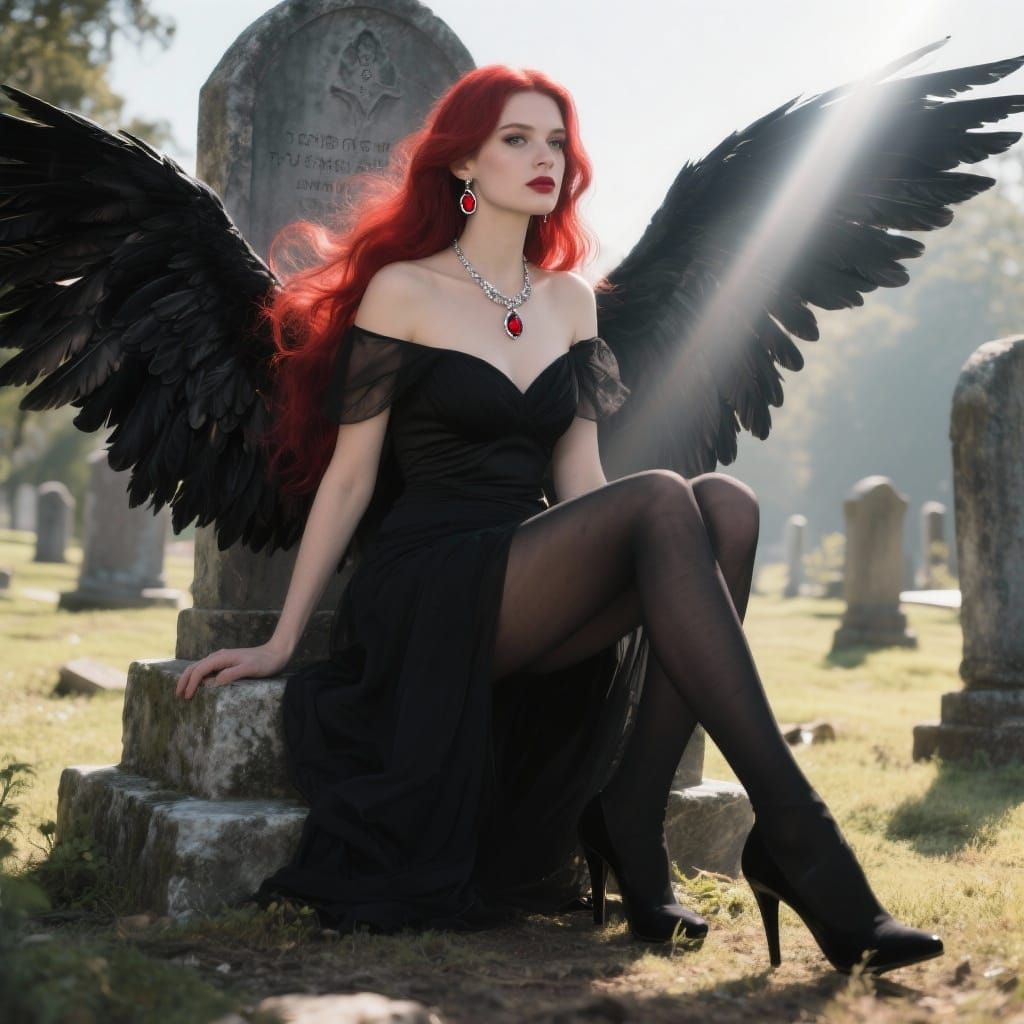 Goddess with Red Hair and Black Wings on Tomb