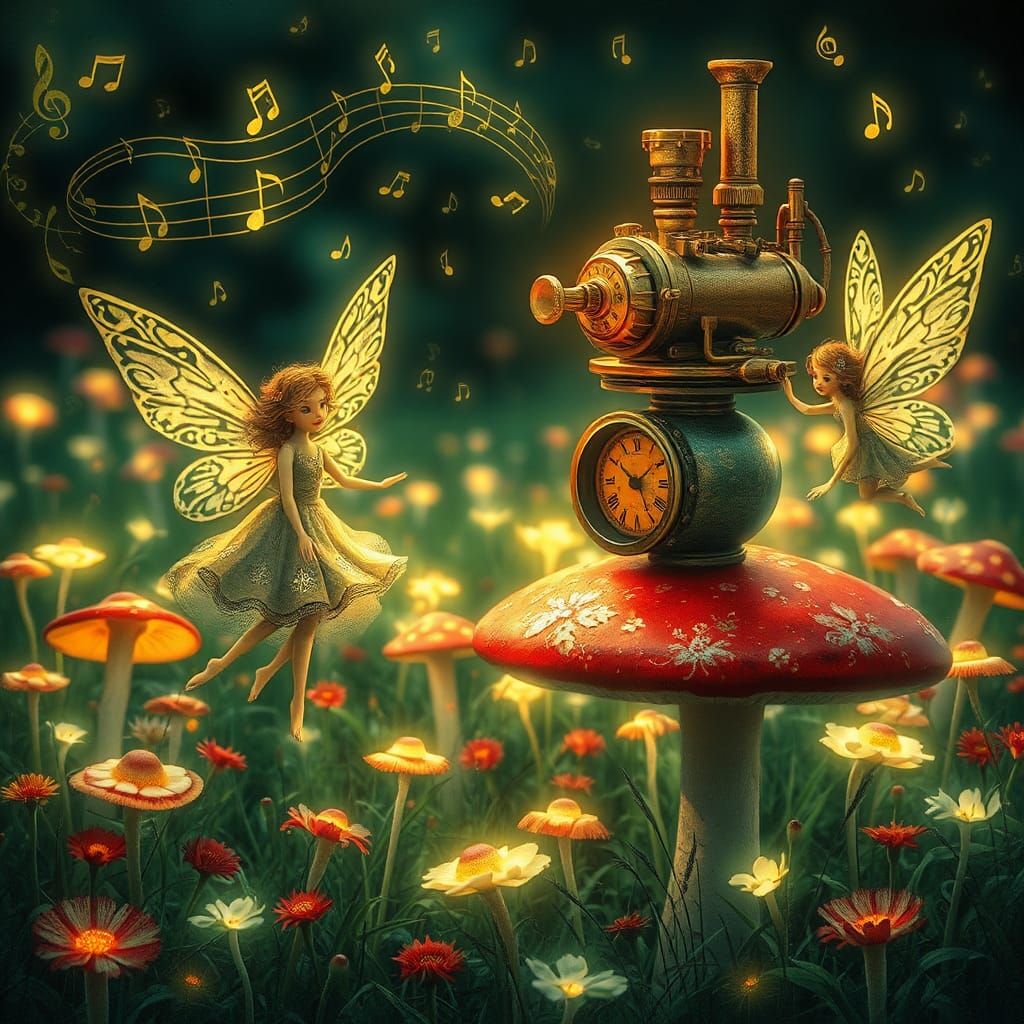 Enchanted Fairies Dancing in a Steampunk Meadow