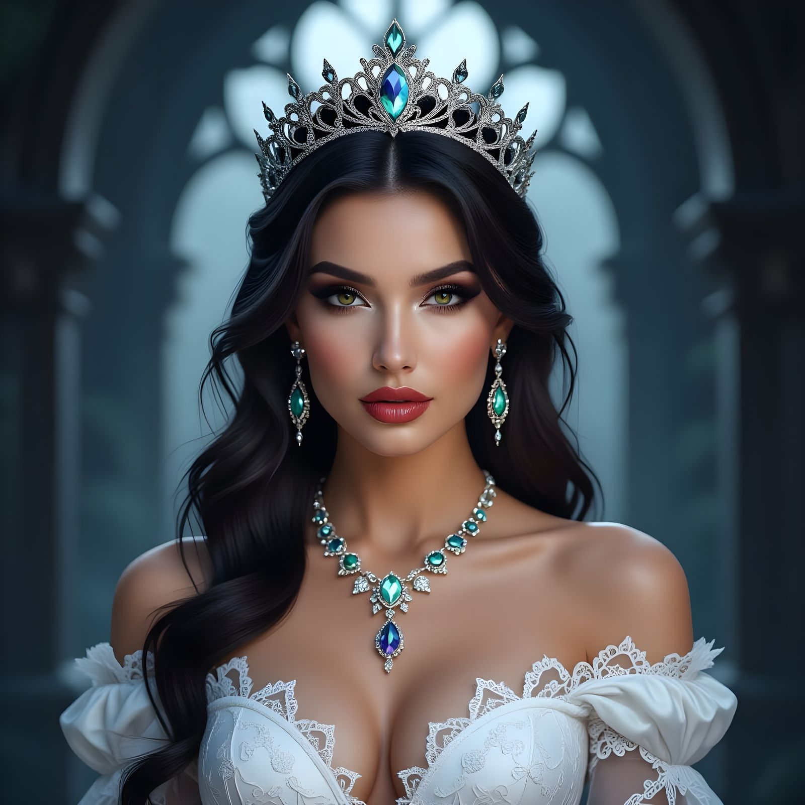 Gothic Witch Woman in Elegant White Dress and Tiara