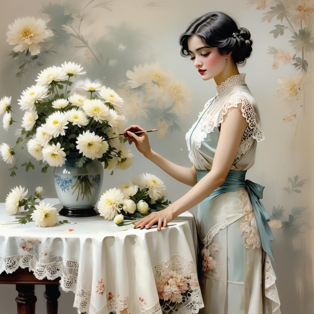 Woman Painting Chrysanthemums in Harrison Fisher Style