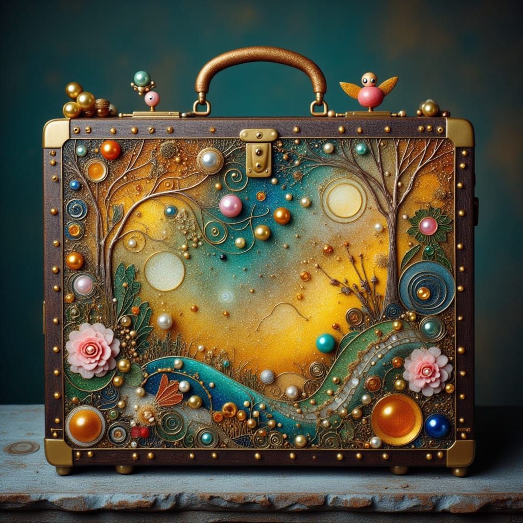 Magical Painting of Vintage Suitcases Revealing Enchanted Wo...