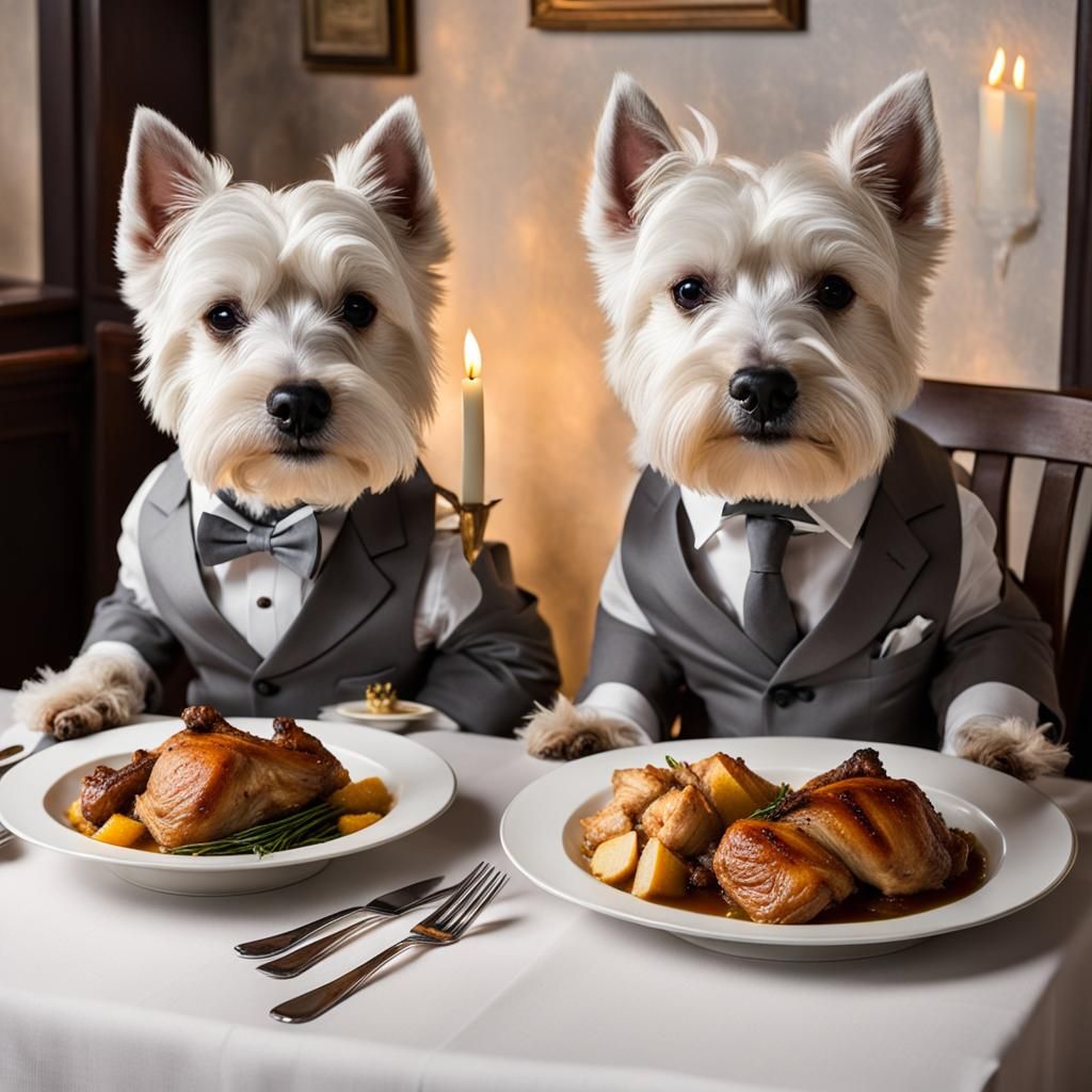 Westies in Suits Enjoying Roast Chicken