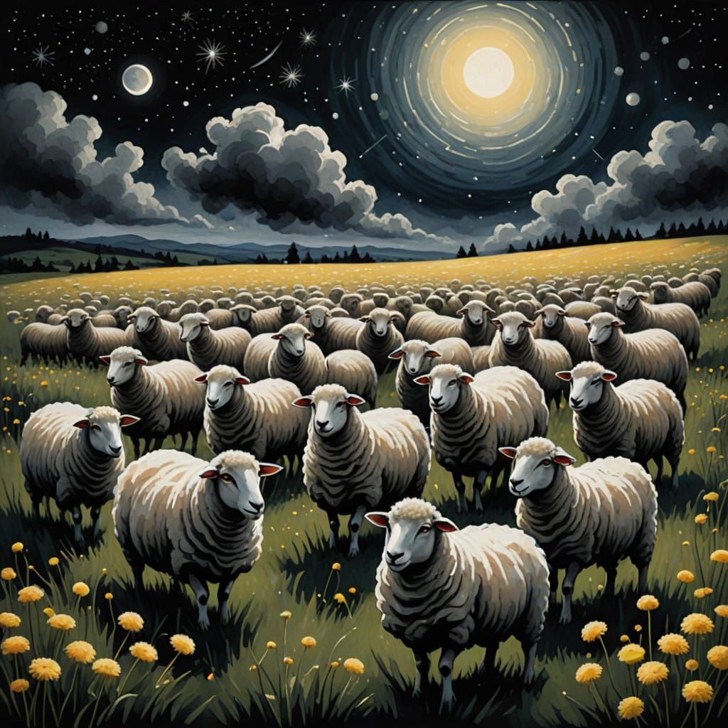 Dreamy Flock of Sheep Adrift in Dark Celestial Realm