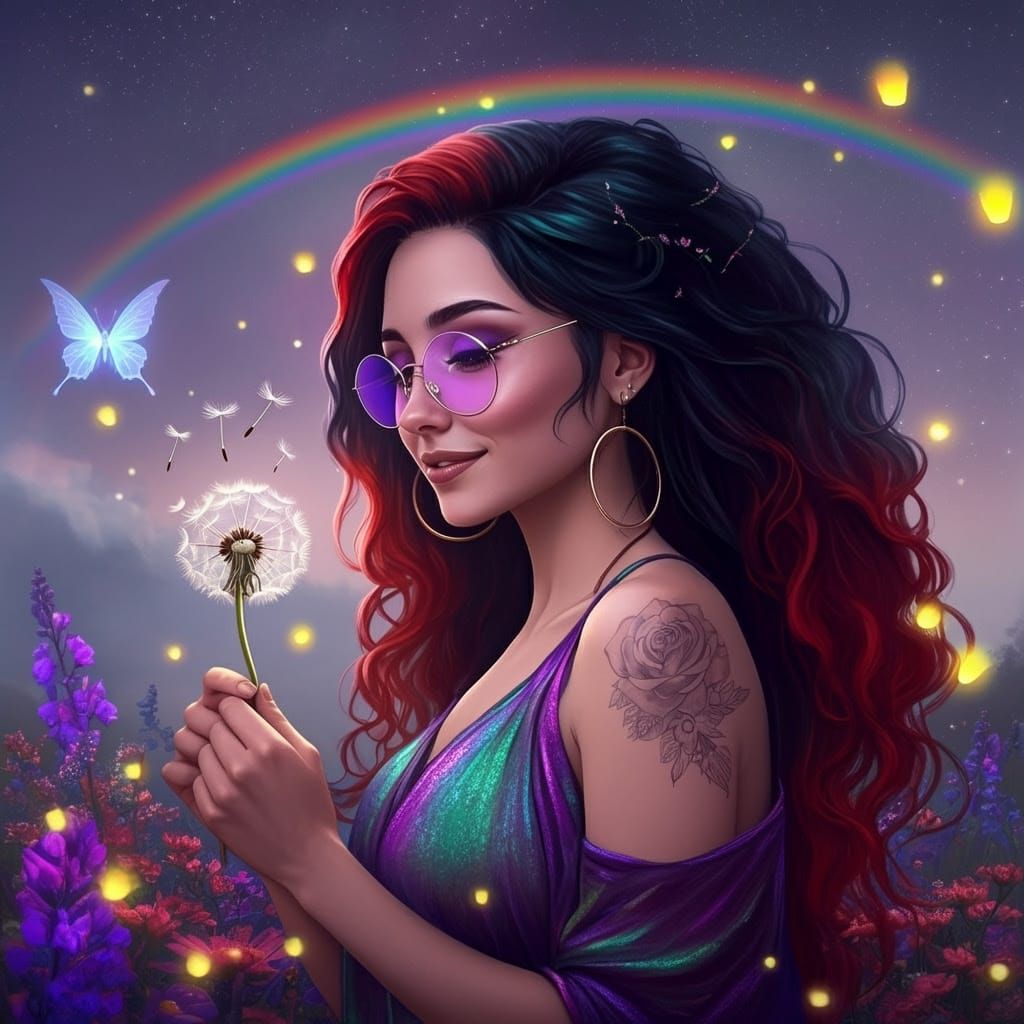 Mystical Bohemian Goddess with Rainbow and Fireflies