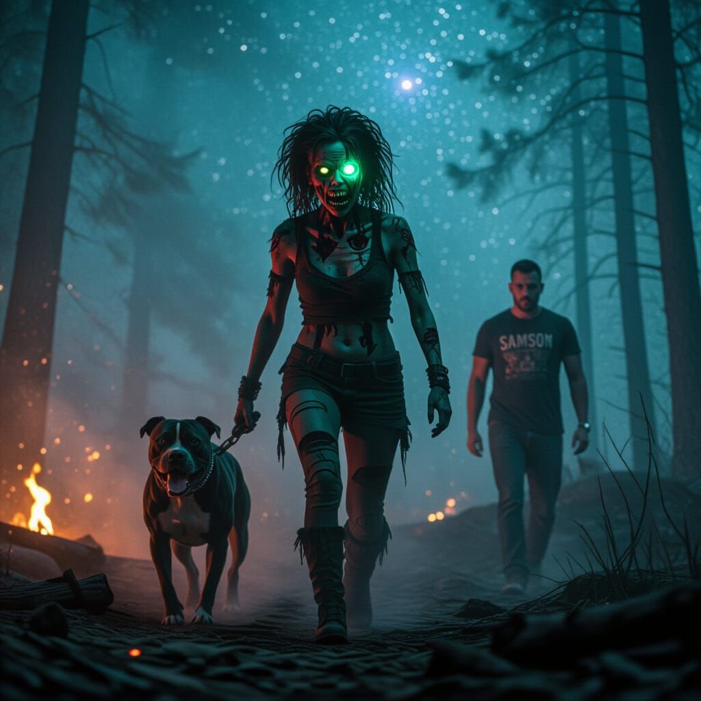 Photorealistic Zombified Woman in Foggy Haunted Forest