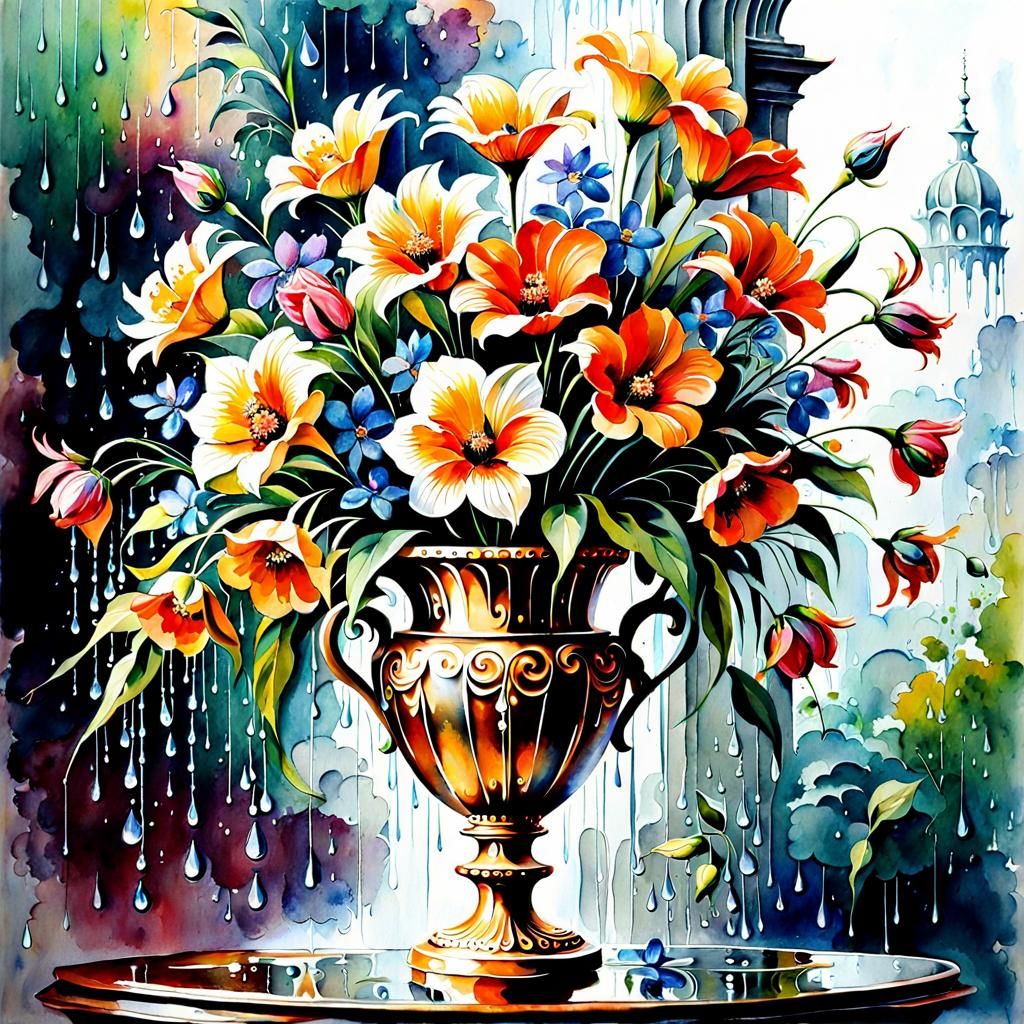 Watercolor Flowers in Ornate Vase with Rain