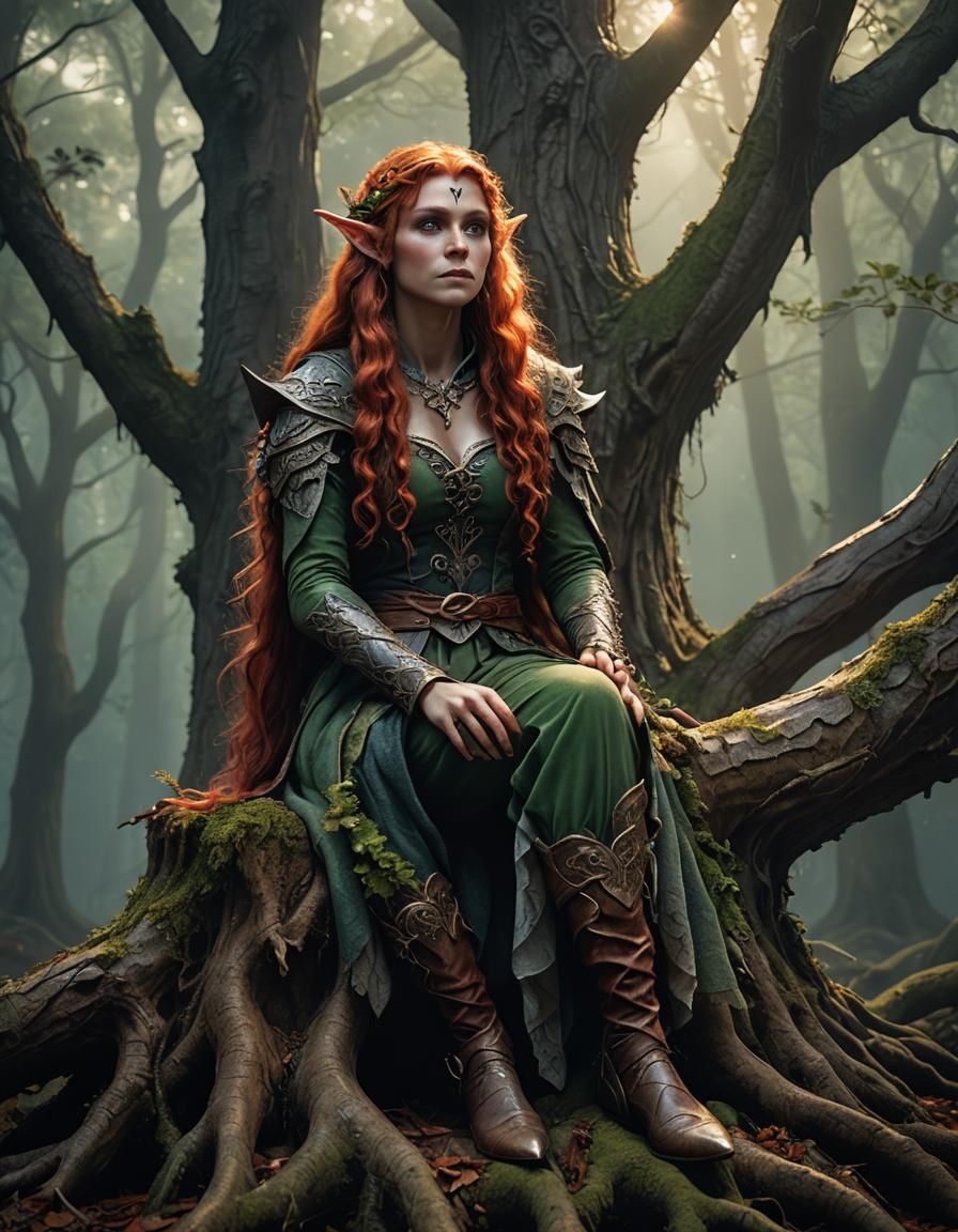 Voluptuous Elf in Misty Forest: Hyper-Realistic Fantasy Art