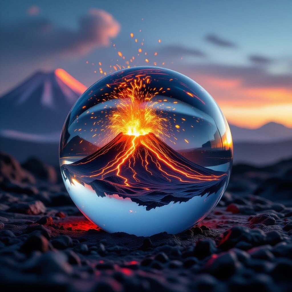 Volcano Erupting Inside Glass Orb