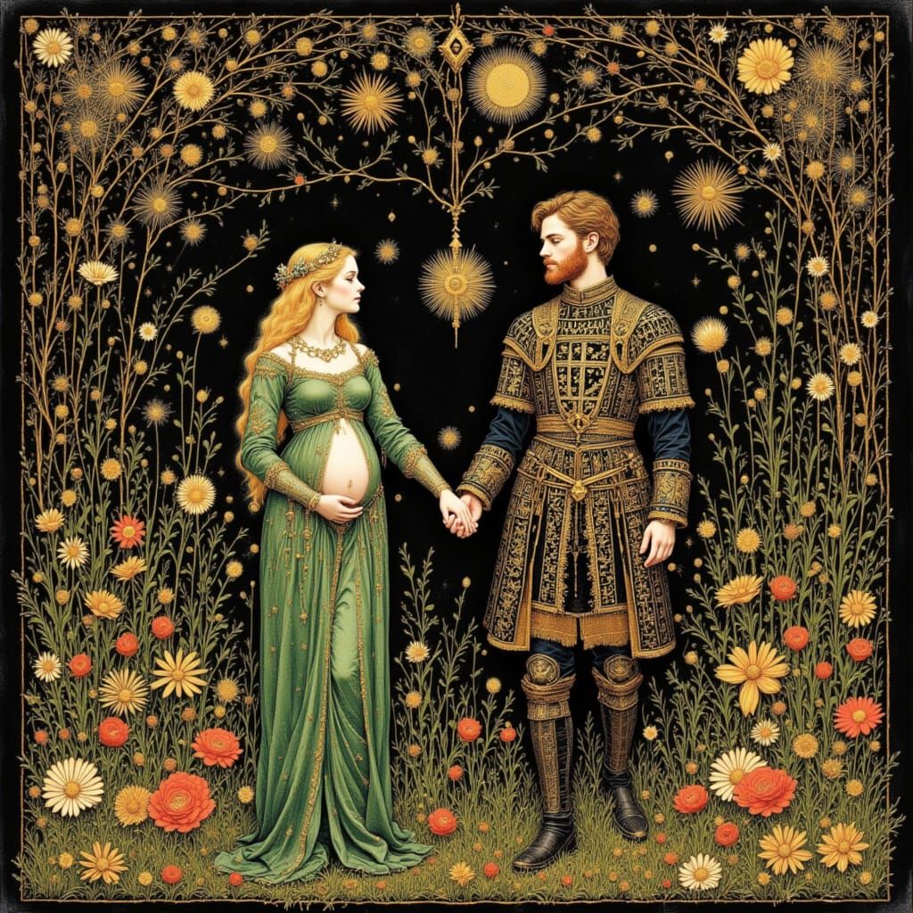 Pregnant Noblewoman and Lord in Lush Garden