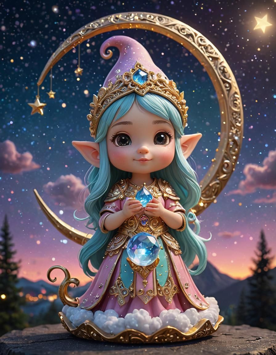 Gnome Goddess on Crescent Moon in Digital Fantasy Art