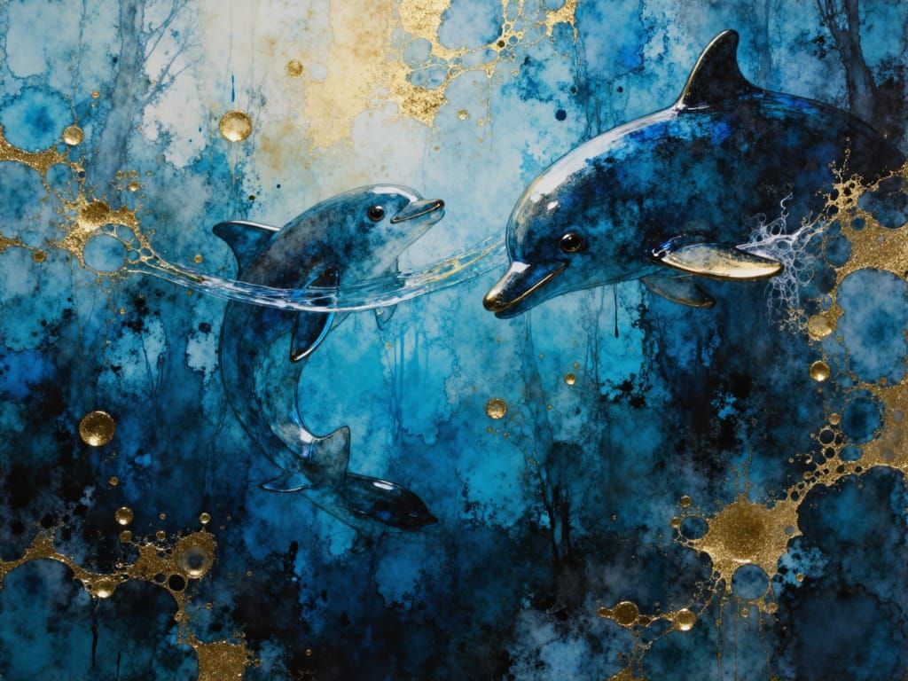 Surreal Dolphins in Ocean, Textured Oil Painting Style