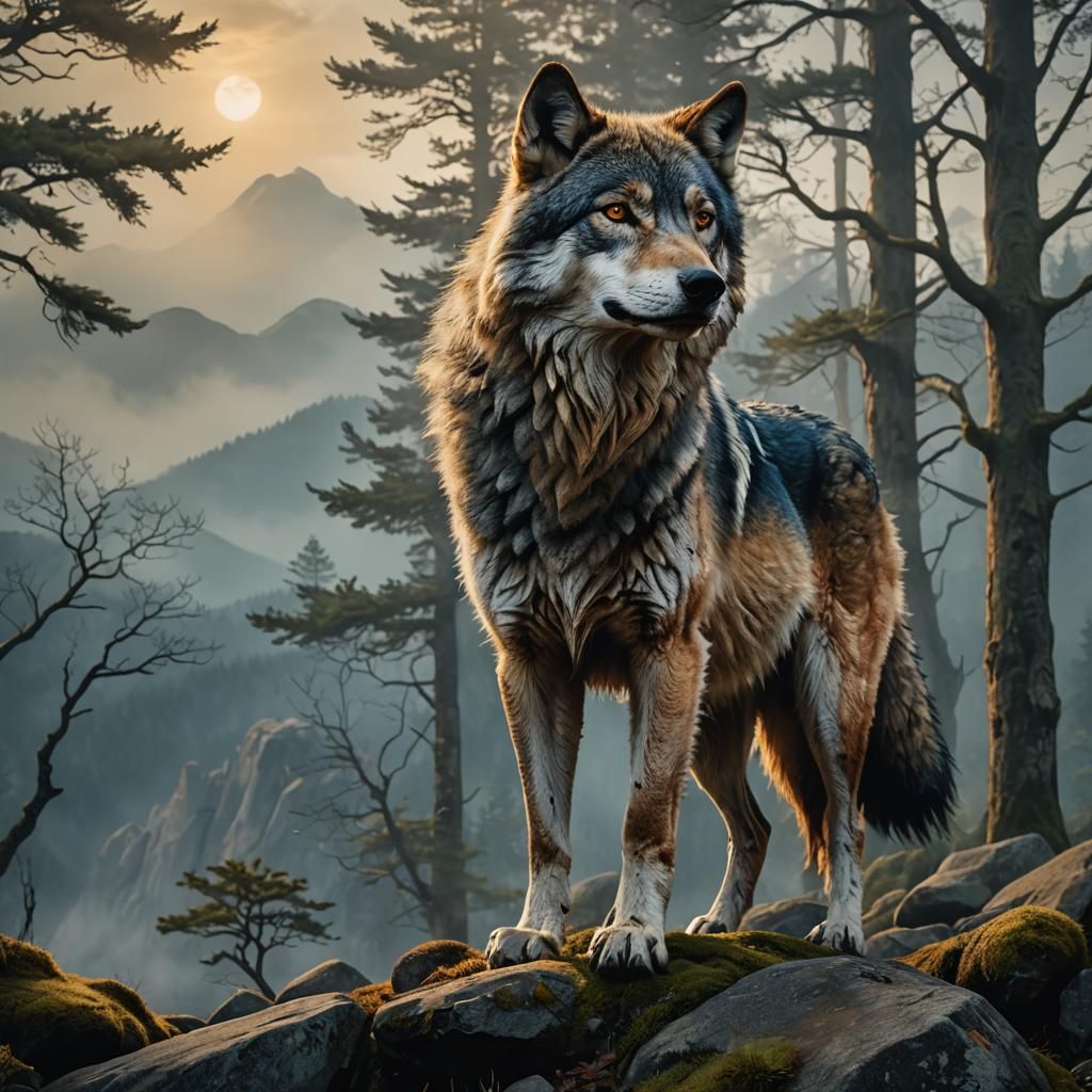 Majestic Wolf on Misty Peak in Mythic Realism
