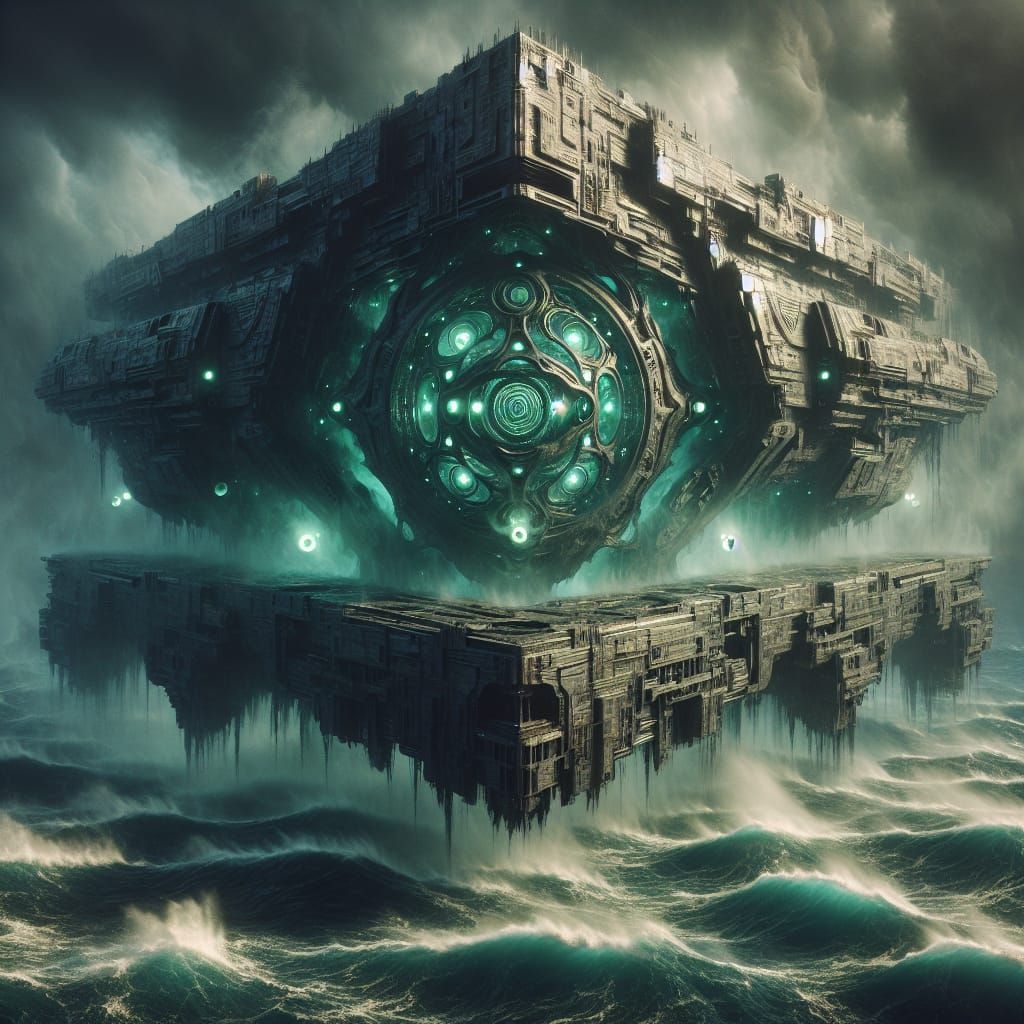 Ancient, Crystalline Biomechanical Vessel in a Dystopian Fog