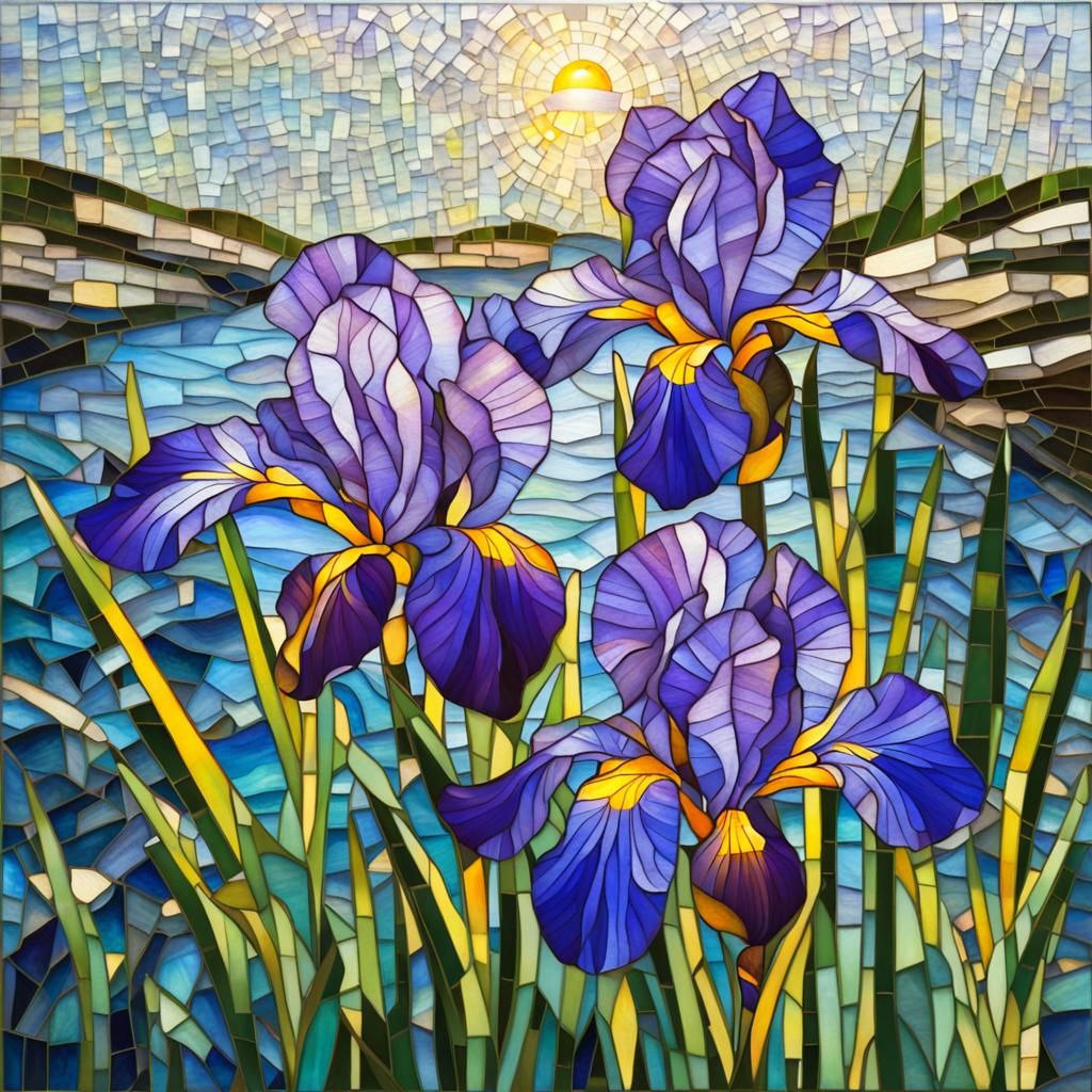 Siberian Irises by a Brook in Glass Mosaic Style