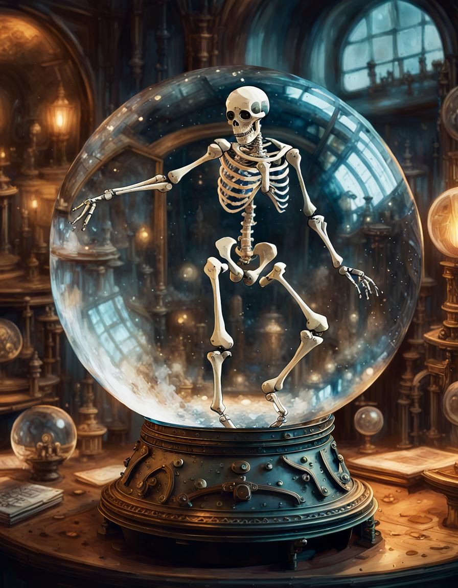 Dieselpunk Skeleton Dancing in Crystal Ball, Ghibli Style