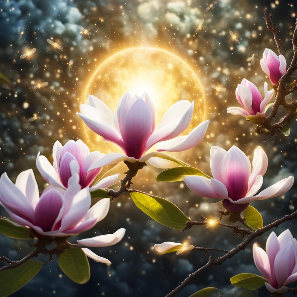 Magnolia Blossom Fantasy with Fairies and Fireflies