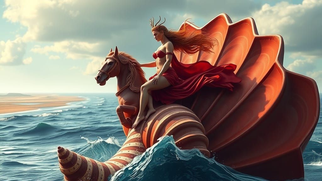 Goddess of Love Rides Majestic Crimson Shell
