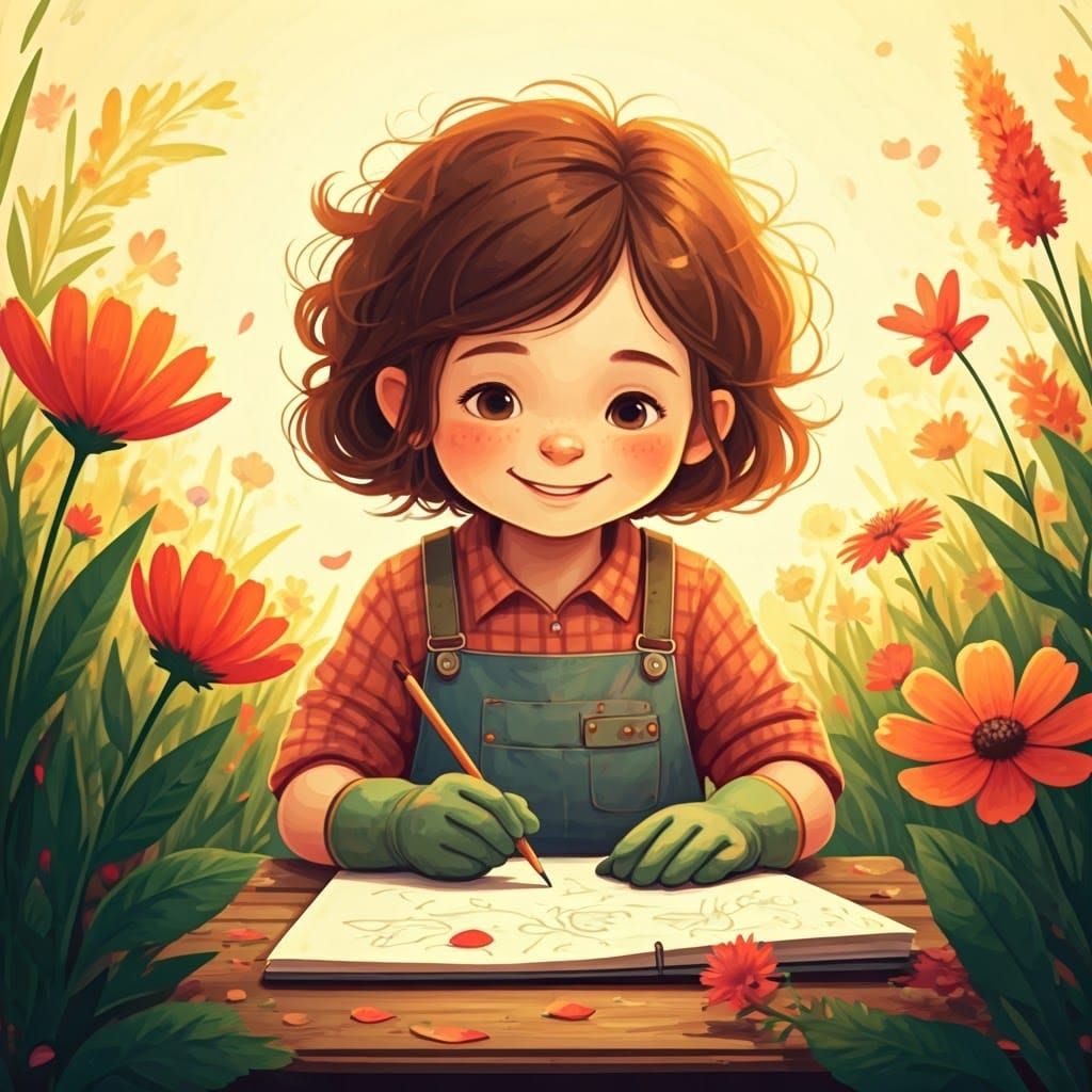 Girl Creates Whimsical Flower Garden in Watercolor Style