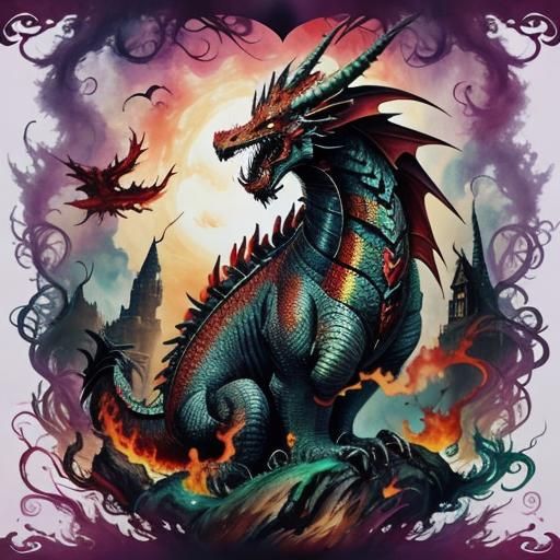 Fierce Dragon in Watercolor Style