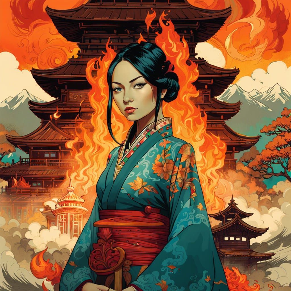 Fire Mage Double Exposure Portrait with Burning Village