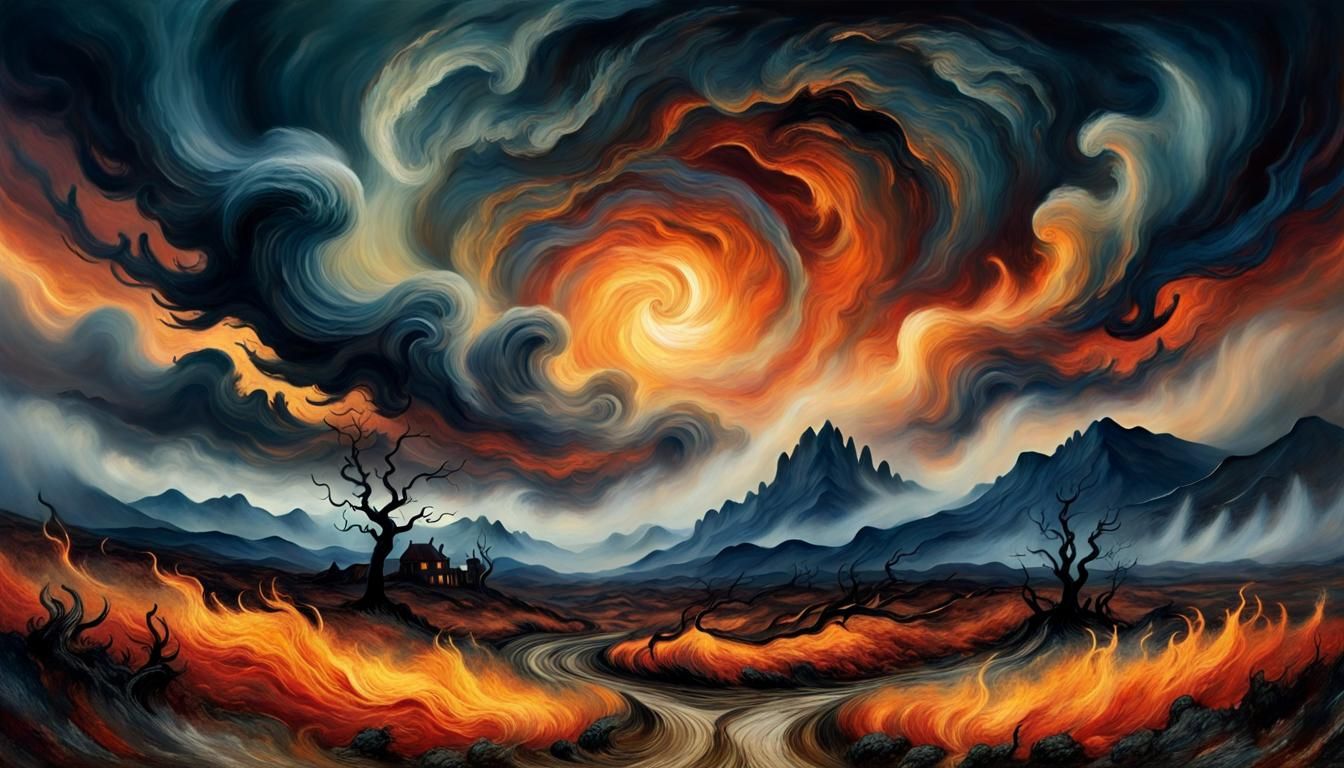 Fiery Vortex in Mystical Realm, Post-Impressionist Style